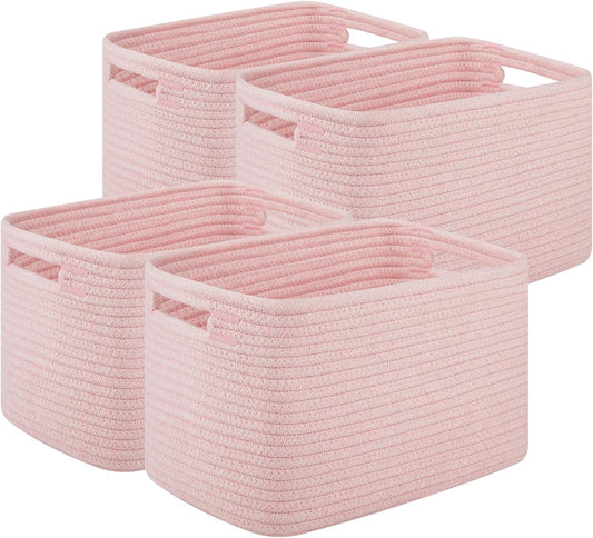 Storage Baskets for Organizing, Woven Decorative Baskets for Shelves - Books, Towels, and Clothes, Cotton Rope Toy Storage Bins, 12.7''Lx9''Wx7.8''H, Pack of 4, Pink