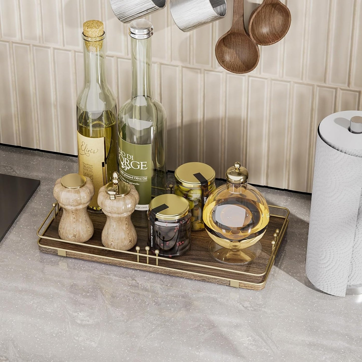 Toilet Paper Basket, Bathroom Basket for Counter Toiletries Towel Decor, Toilet Tank Tray, Guest Back of Toilet Organizer Storage, Vanity Tray for Perfume Makeup, Kitchen 13”x6.5” Brown-Gold