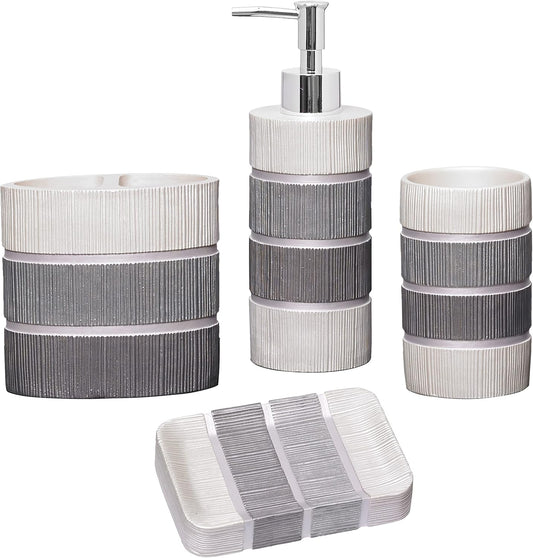 Zahari Home 4pc Modern Line Modern Bathroom Accessories Set Modern Soap Dispenser, Tumbler, Tooth Brush Holder and Dish Soap Holder Luxury Contemporary Grey Decor Unique Design Luxury Bath Set