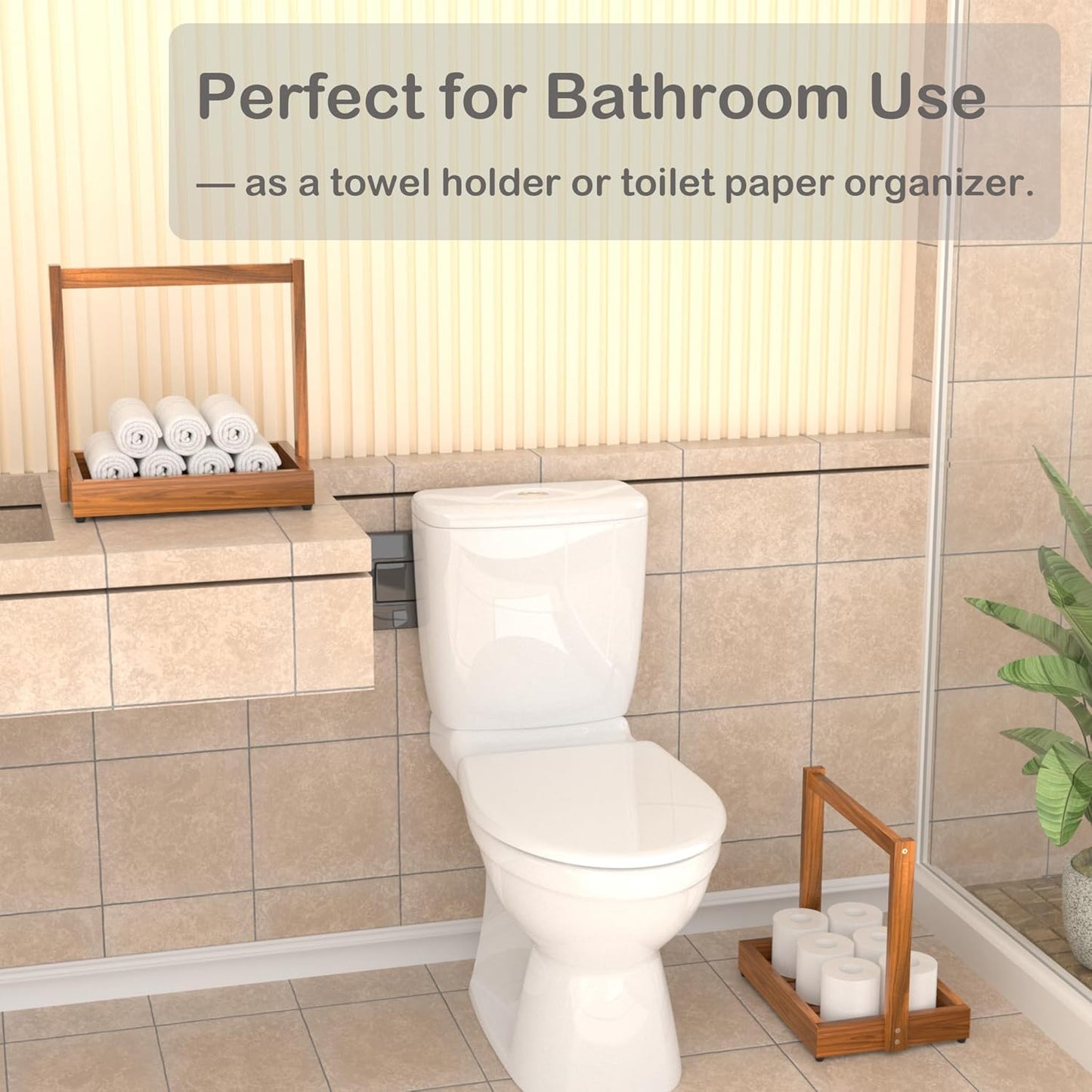 Teak Organizer for Bathroom Kitchen - Use as Shower Caddy Towel Holder Toilet Paper Storage Fruit Basket Spice Rack with Non-Slip Base