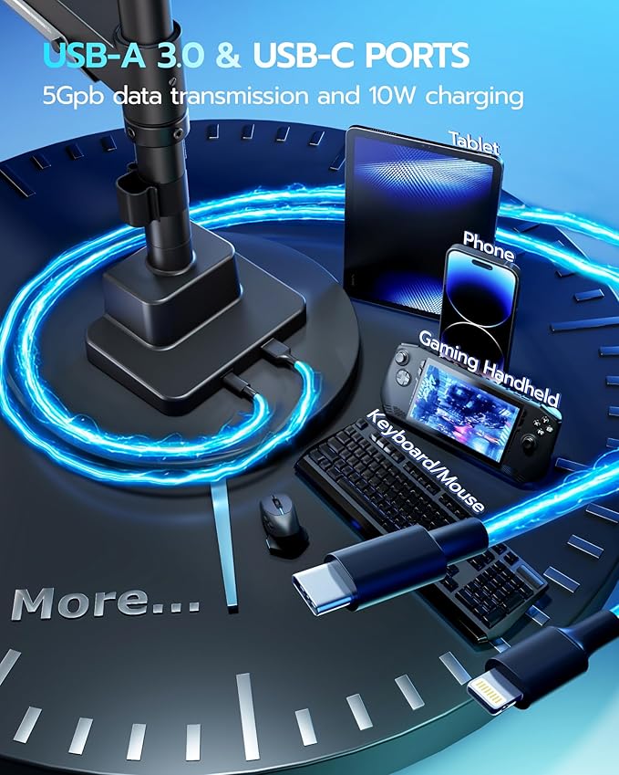 ARES WING Single Monitor Mount with USB, Ultrawide Monitor Arm for 24 to 57 Inch Heavy Duty Curved Screen, Adjustable Gas Spring Monitors Arm Stand up to 66LBS with 75/100/200 Vesa Mount, Black