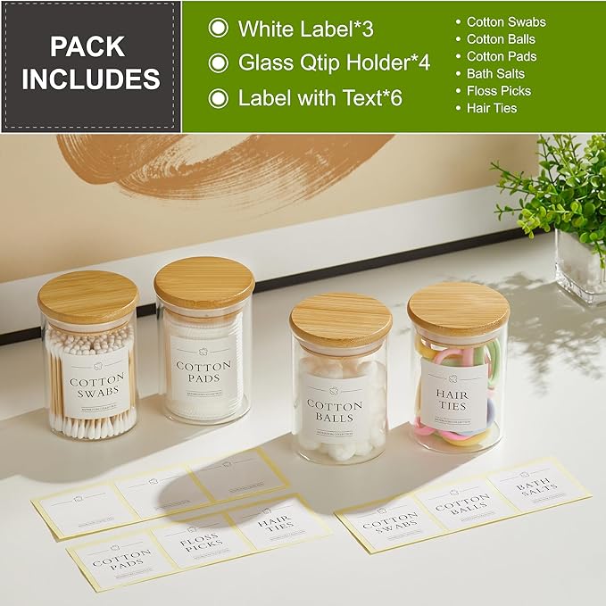4 Pack Qtip Holder Dispenser - Glass Apothecary Jars with Lids, Cotton Ball Pad Swab Round Holder, Bamboo Bathroom Accessories, Bathroom Organizers Containers Jars Canisters with Lids