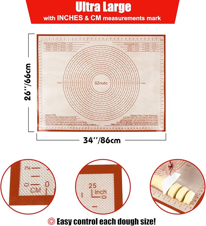Non-slip Silicone Pastry Mat 36''By 24'' Nonstick Baking Mats Extra Large Counter Mat for Dough Rolling, Pastry, Pie Crust, Fondant, Cookies, Bread, Pasta, Pizza Mat