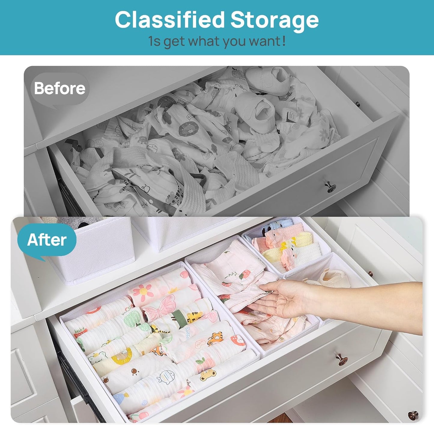 Vtopmart 12 Pack Baby Clothes Organizer, Dresser Drawer Organizer for Baby Clothing, Foldable Fabric Closet Drawer Storage Bins, Nursery Dresser Dividers for Bra, Socks, Ties, Scarf