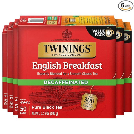 Twinings Decaffeinated English Breakfast Black Tea Bags, 50 Count (Pack of 6), Flavourful, Robust, Enjoy Hot or Iced, 300 Teabags