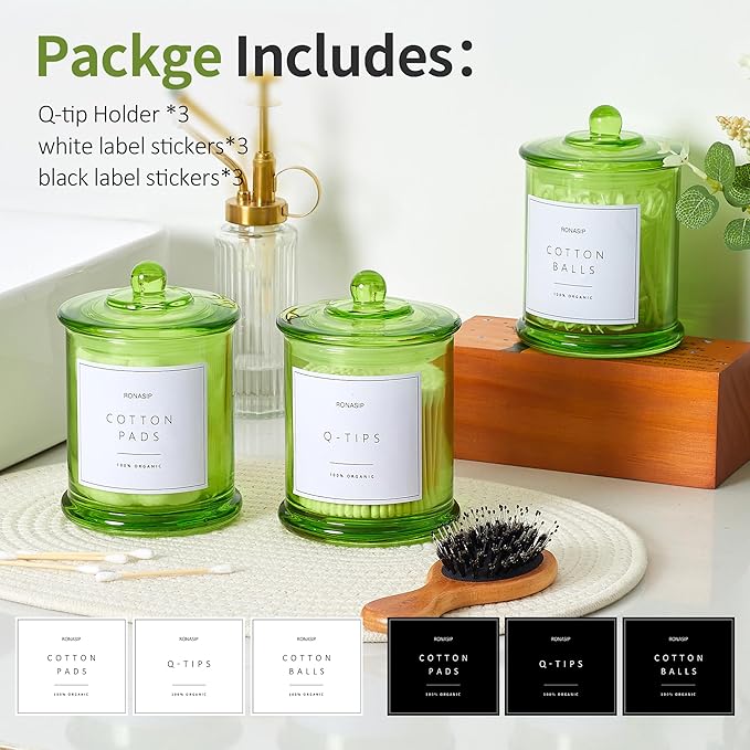3 Pack Qtip Holder Dispenser, 16oz Bathroom Organizer and Storage Canisters, Glass Apothecary Jars with Lid - Home Decor, Room Decor Aesthetic (Green)