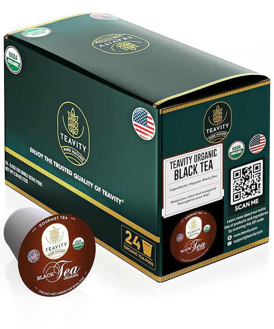 Organic Black Tea Pods for Keurig - Naturally Caffeinated Unsweetened Black Tea Pods by Teavity (24 Tea Pods)