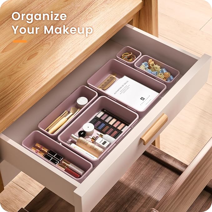 A-LuGei 【𝟮𝟴𝗣𝗖𝗦】 【𝟱𝗦𝗶𝘇𝗲】 Purple Drawer Organizer, Makeup organizer, 【Holds 177 Items】 Bathroom Organizers and Storage, Plastic Desk Organizer Divider, Organizer Bins for Office Vanity