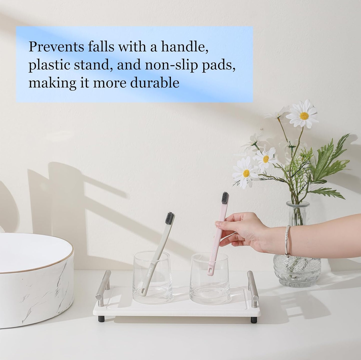 2PCS Bathroom Counter Tray, Diatomaceous Tray Fast Dry Stone, Fast Drying Diatomite Earth, Drying Stone for Kitchen Countertop, Instant Dry Sink Caddy (White & Silver Handle, Small)