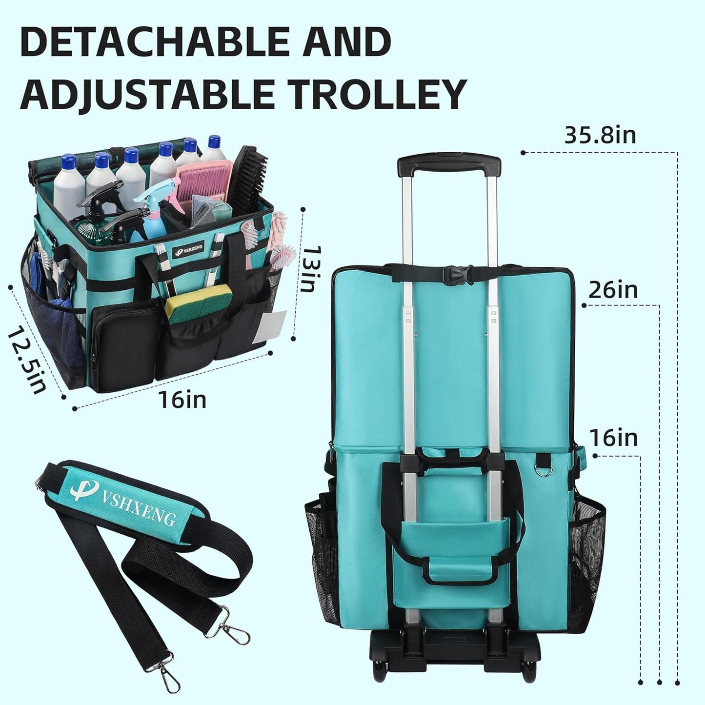Rolling Cleaning Caddy Bag with Wheels, Large Cleaning Cart Detachable Trolley, Cleaning Bags for Housekeepers With Shoulder Strap & Multi Pockets for Cleaning Tools Storage (Amber Green)