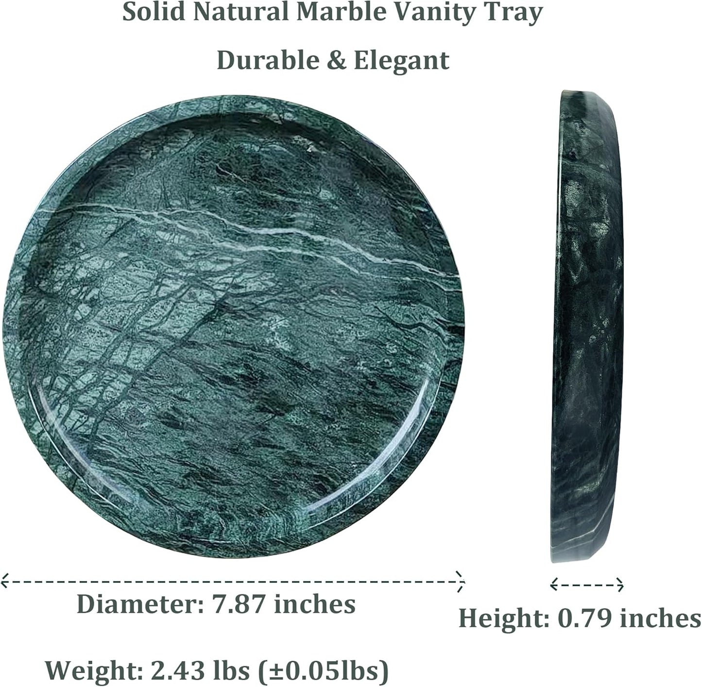 Round Marble Vanity Tray - Diameter 7.87" Natural Green Stone Tray for Bathroom Perfume Jewelry Makeup - Decorative Marble Catchall Dish for Vanity Countertop Organizer
