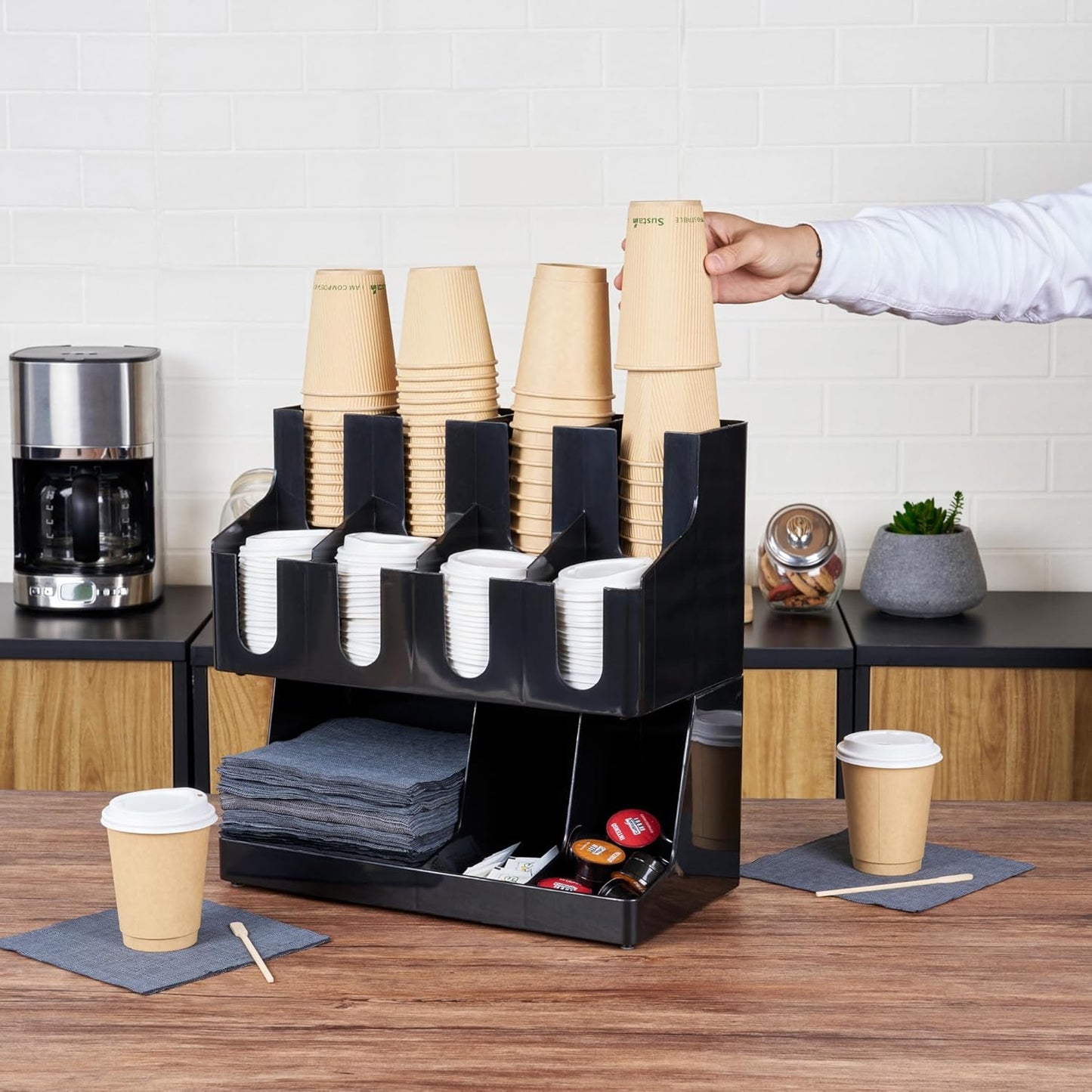 Restaurantware Restpresso Coffee Bar Organizer, 1 Count Durable 11 Compartments, Compact Size, Black Plastic Tabletop Coffee Supplies Organizer For Homes, Office Spaces, Breakrooms, and Lounges