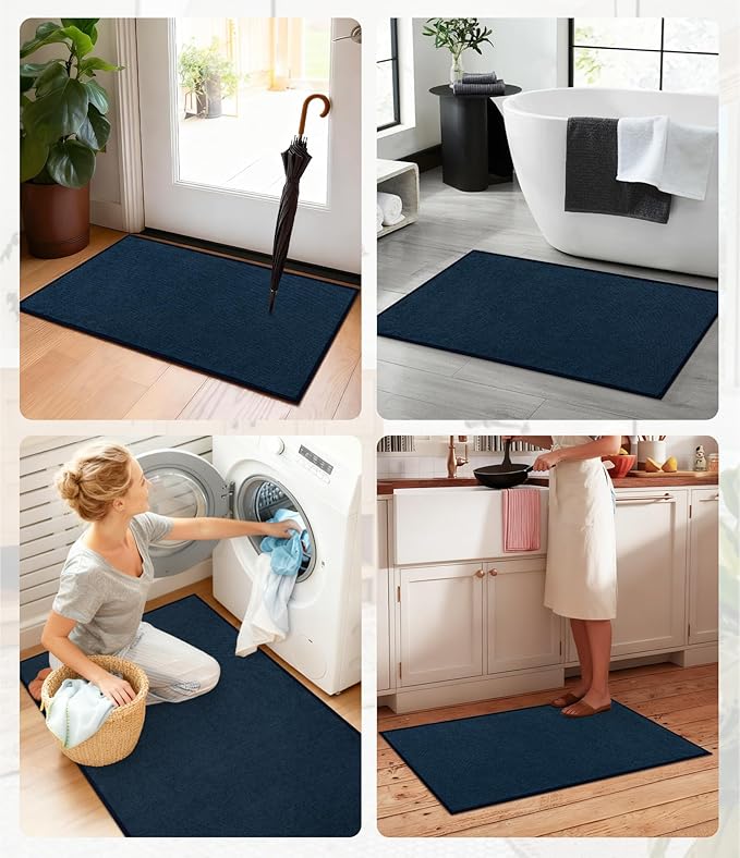 YIHOUSE Bathroom Rugs Mat 16x47, Non Slip Quick Dry Bath Mats for Bathroom Absorbent Ultra Thin Bath Rugs Machine Washable Fit Under Door for Sink, Cabinet, Laundry (Dark Blue, 16"x47")