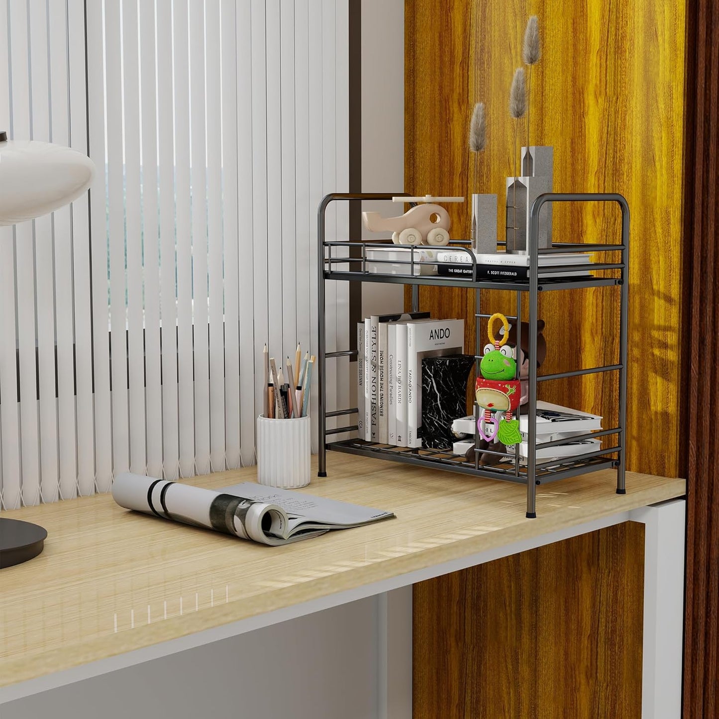 Desk Organizer Storage and Frees Up The Space of The Desk, Metal Small Bookshelf with Bunk Bed Design,Small Desk Organizer in 9x2.5x17.7 Inch