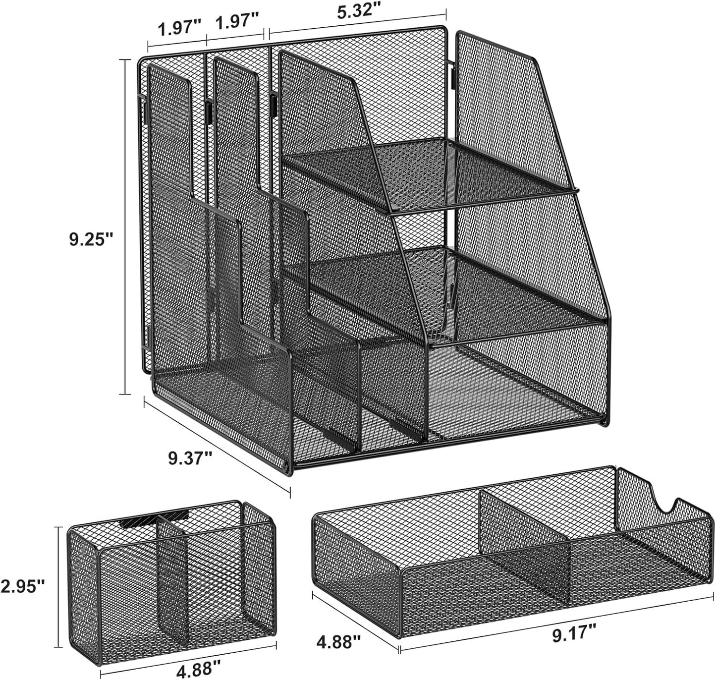 Marbrasse Desk Organizer and Accessories, 3-Tier File Organizer with Drawer and Pen Holder, Small Desktop Organizer and Storage for Workspace Office Supplies Black