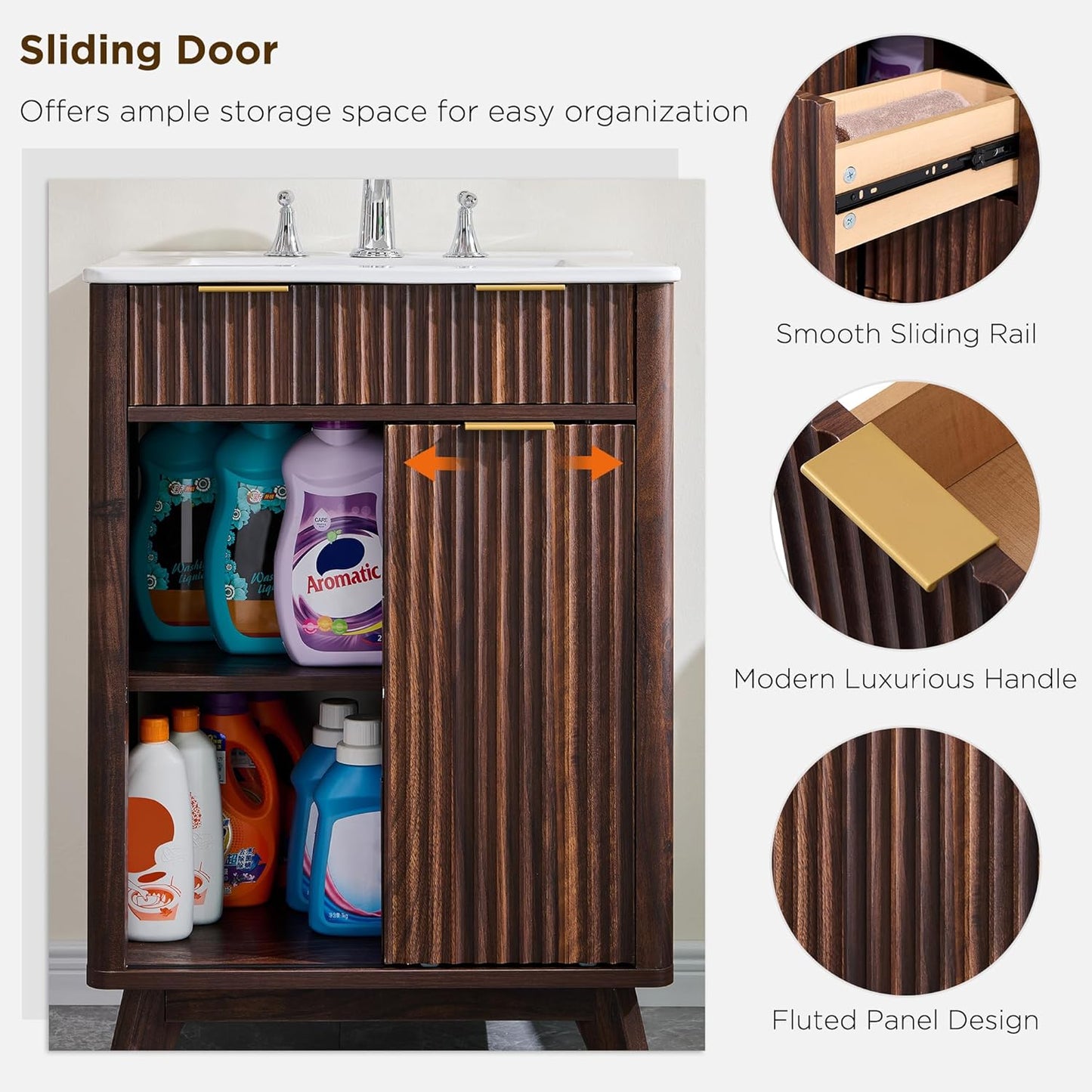 T4TREAM 24" Fluted Bathroom Vanity with Ceramic Sink Combo，Freestanding Small Modern Bathroom Storage Vanity Cabinet with Sliding Door & 3 Drawer，Wood Grain Texture，Metal Handle，Dark Walnut
