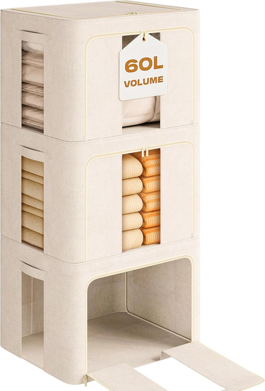 3Pack 60L Large Cloth Storage Bins with Metal Frame, Linen Storage Box with Clear Window, Stackable Sweater Storage for Closet, Clothes Containers for Comforters, Blankets, Quilts, T-shirt