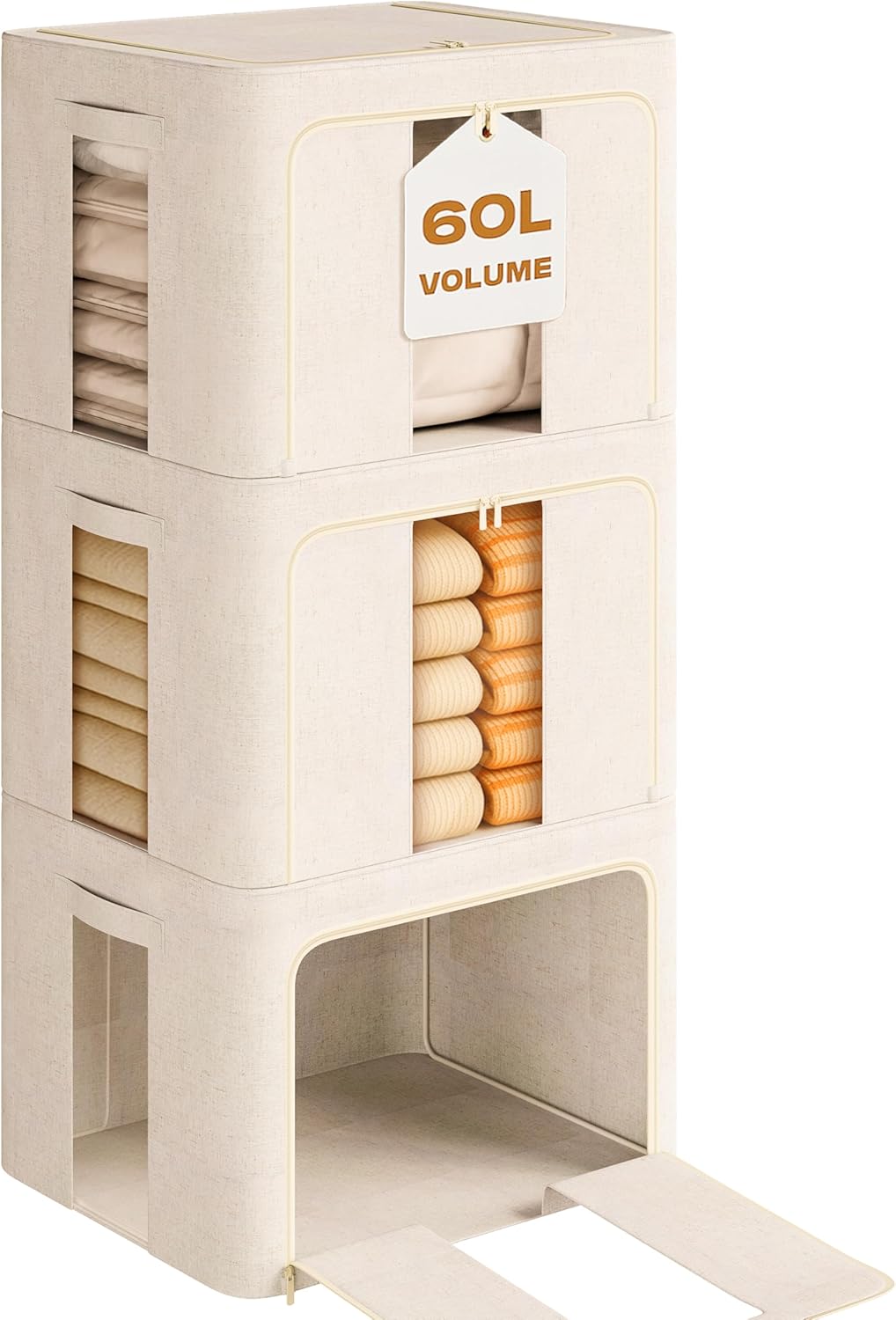 3Pack 60L Large Cloth Storage Bins with Metal Frame, Linen Storage Box with Clear Window, Stackable Sweater Storage for Closet, Clothes Containers for Comforters, Blankets, Quilts, T-shirt