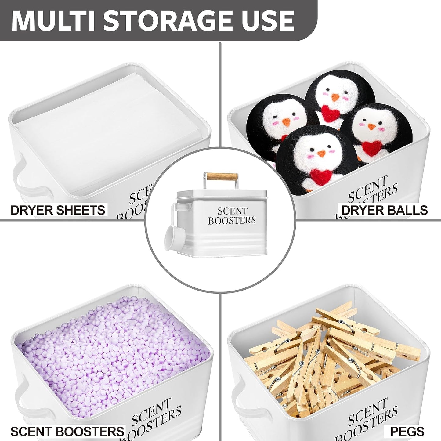 Calindiana Modern Farmhouse Metal Laundry Scent Booster Beads Dispenser Container with Scoop for Laundry Room Decor and Accessories and Space Saving Laundry Room Organization and Storage, White