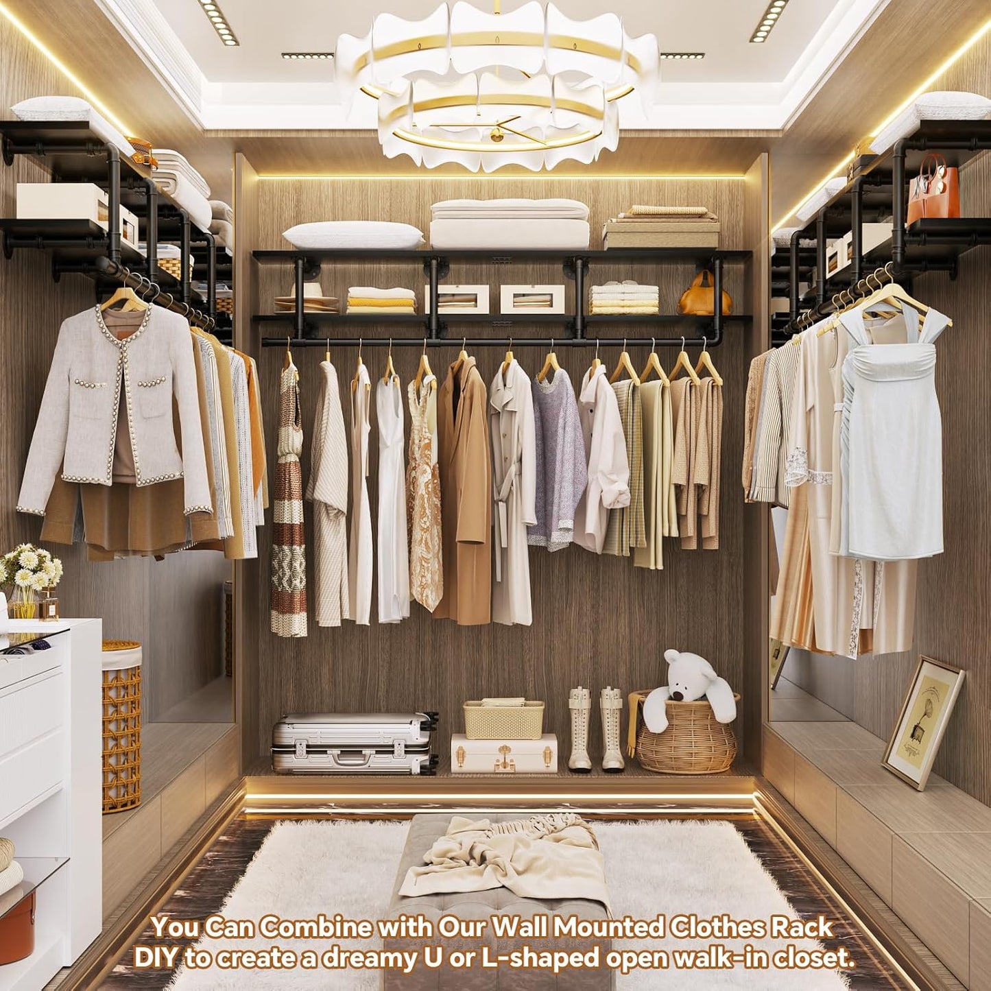 Aheaplus Industrial Pipe Clothes Rack with Top Shelf, 73In Space-Saving Wall Mounted Clothing Rack, 2 Tiers Heavy Duty Pipe Clothing Shelves with Hanging Rod for Laundry Room, Closet Storage, Black