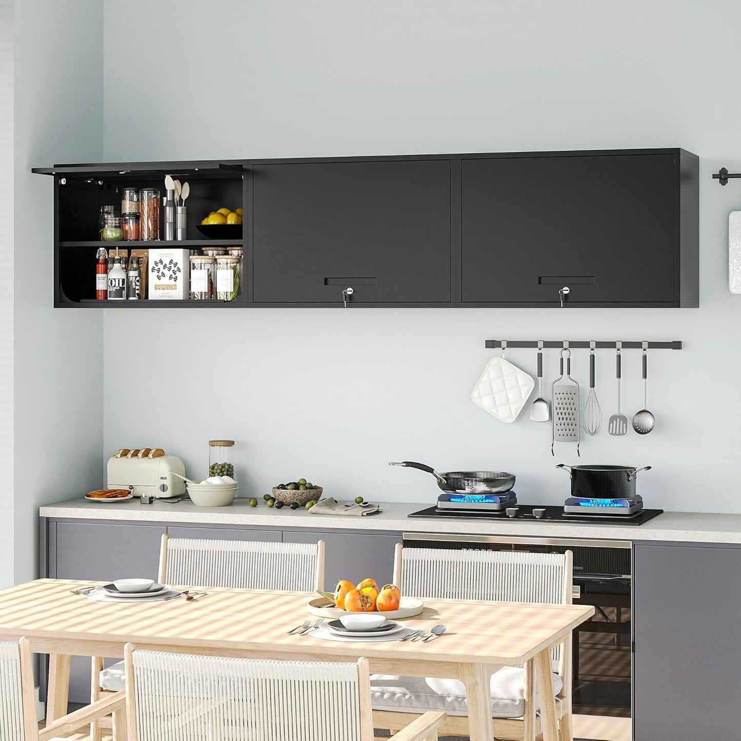 Metal Wall Cabinet with Locking Door and Shelf, Hanging Garage Cabinets with Up-Flip Doors for Garage, Warehouse, Home, Office, Assembly Required (Black, One Cabinet)