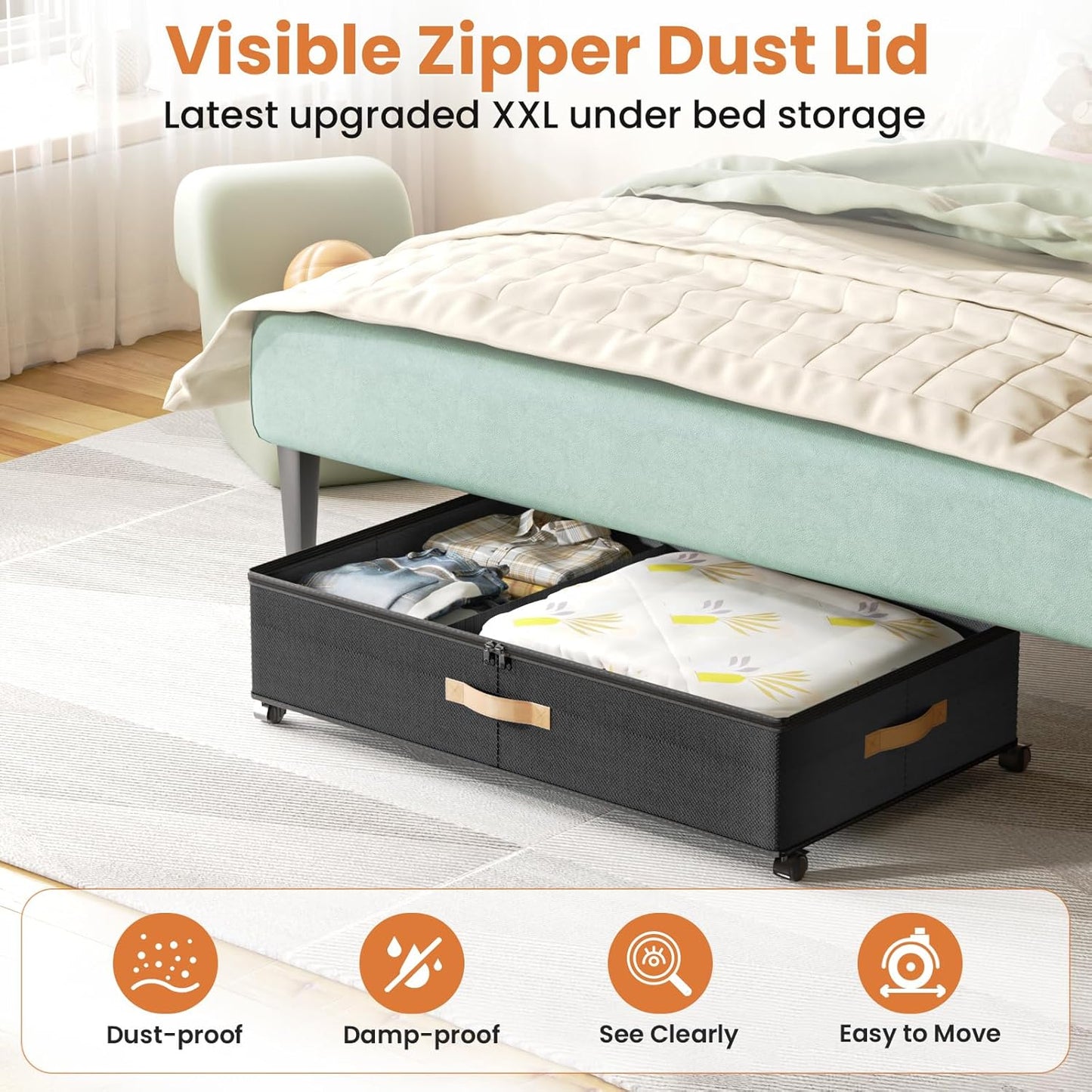 Under Bed Storage with Wheels, 72L XXL Under the Bed Storage Containers Large, 10‘’ Tall Adjustable Storage for Underbed with Lids, Rolling for Shoes, Clothes, Blankets, Black