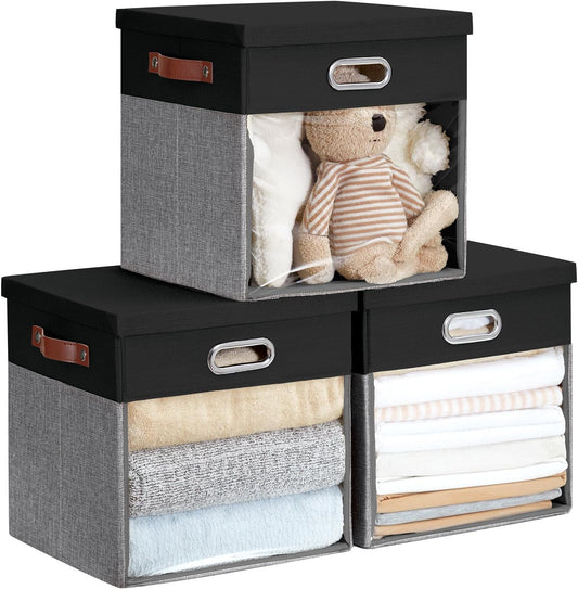 Fabric Storage Cubes with Clear Windows and Lids, 13'' Foldable Storage Bins with 3 Handles, Decorative Storage Boxes for Home, Bedroom, Closet, Office (Black&Gray)
