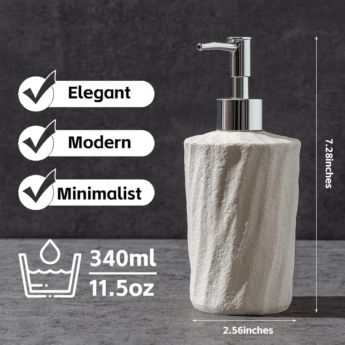 Soap Dispensers 340mL 11.5 OZ, 2 PCS Luxurious Hand Dish Lotion Shampoo Soap Dispenser Jar, Natural Stone Look Soap Pump Bottles for Kitchen Bathroom Countertop (White)