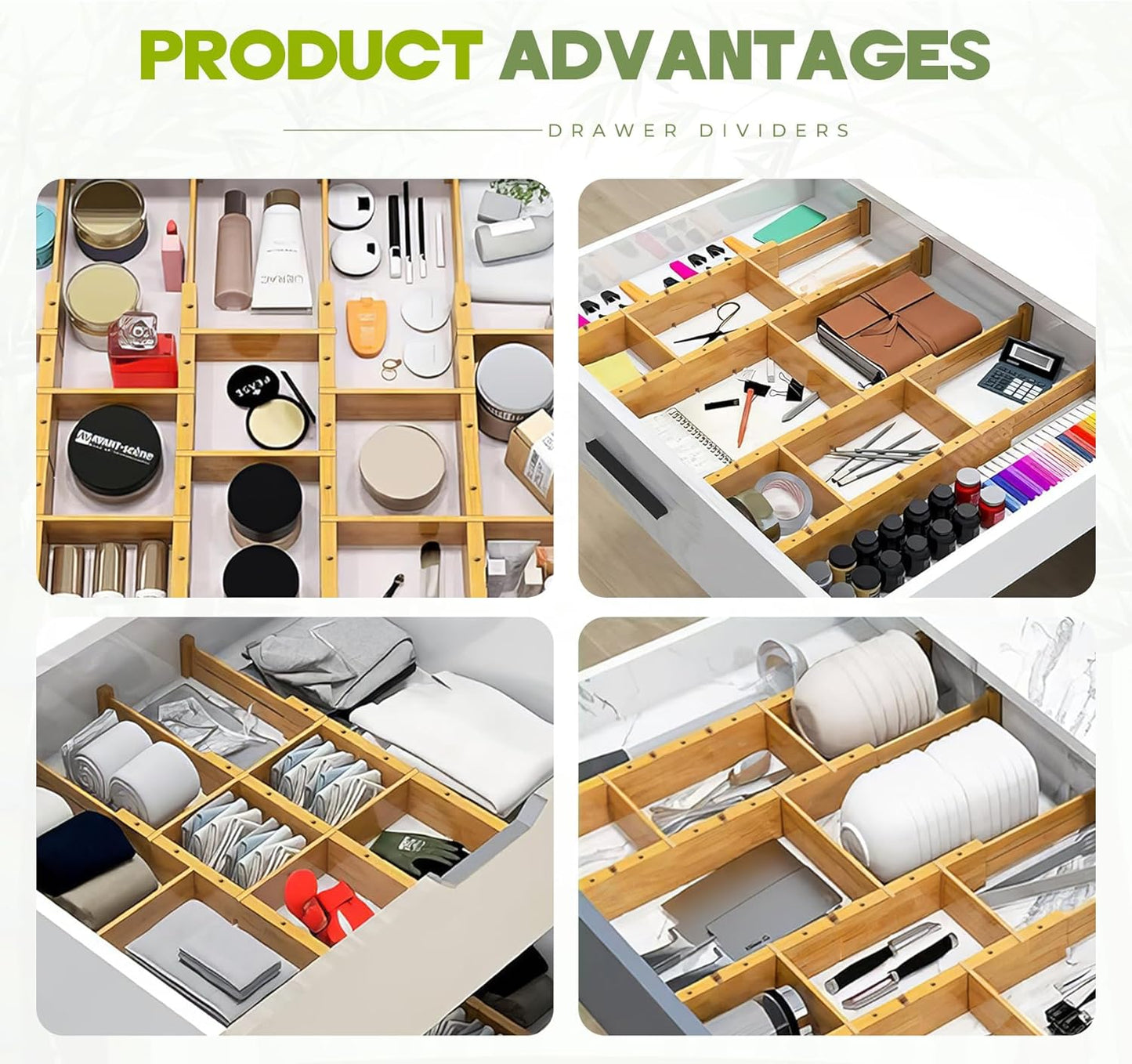 Bamboo Drawer Dividers 4PCS with Inserts, Expandable Kitchen Utensil Drawer Organizers,Adjustable drawer organizer for deep drawers Dresser Closet Underwear Storage Bedroom Bathroom Drawers(16.6"-22")