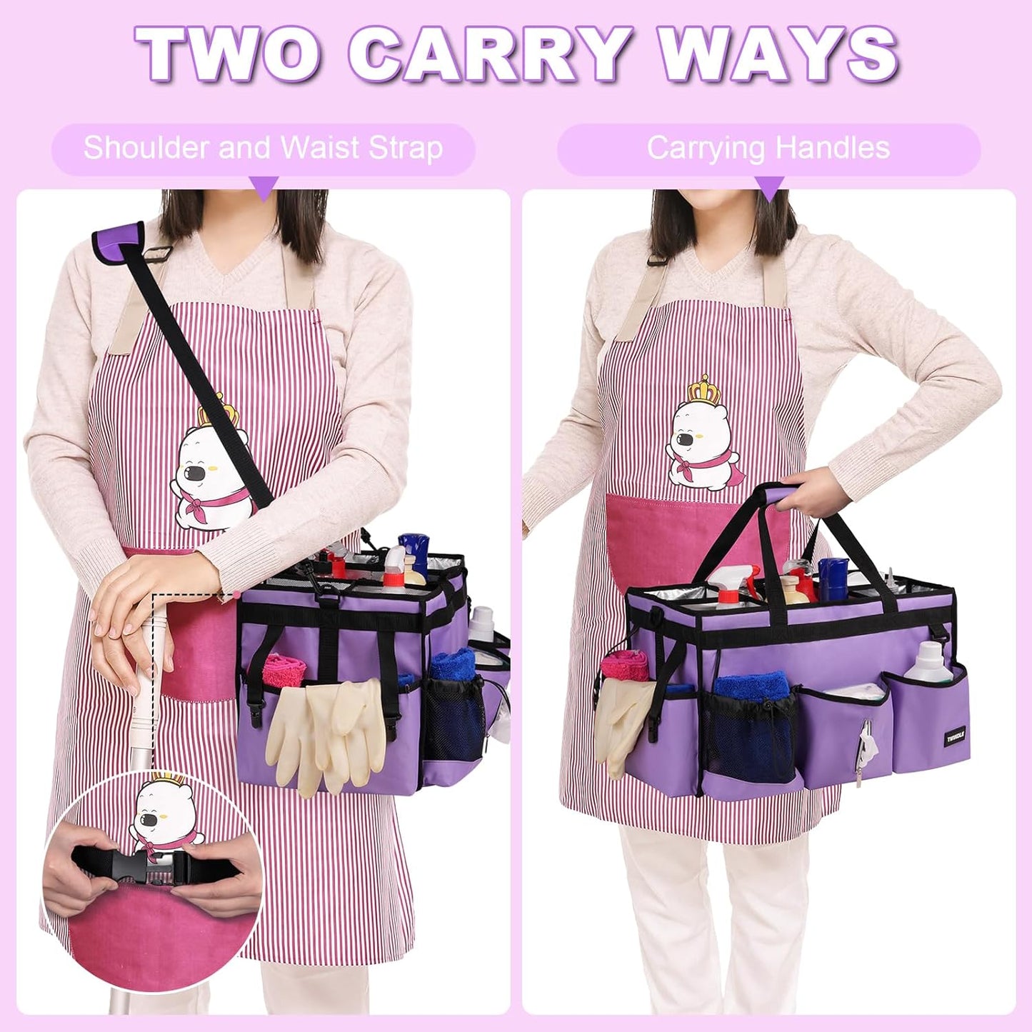 Large Cleaning Caddy Bag With Detachable Divider,Caddy Organizer With Handle,Cleaning Supply Storage With Adjustable Shoulder Strap & Waist Belt For Cleaners,Cleaning Housekeepers