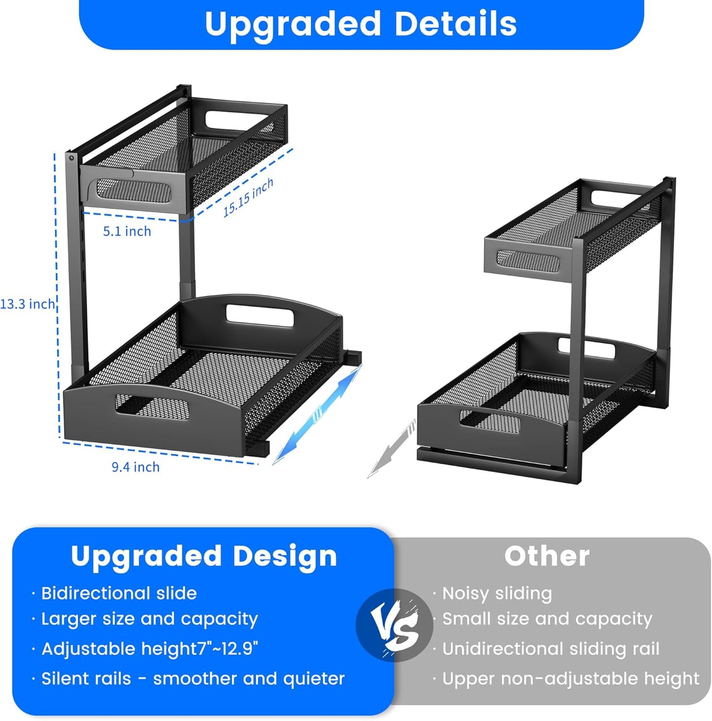 Under Sink Organizer,2 Pack Height Adjustable Under Sink Organizers and Storage, 2 Tier Under Sink Storage for Kitchen Bathroom Cabinet