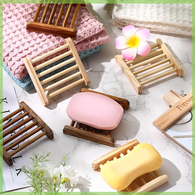 Amyhill 50 Pcs Bamboo Wood Soap Dish Bulk Bathroom Wooden Soap Holder Savers Self Draining Dishes Handcraft Tray, 3.3 x 3.3 x 0.67 Inch (Wood Color,Charcoal Color)