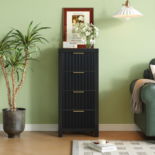 Tall Mid-Century Dresser with 4 Large Drawers, Black Wood Storage Cabinet with Metal Handles for Entryway, Bedroom, or Office