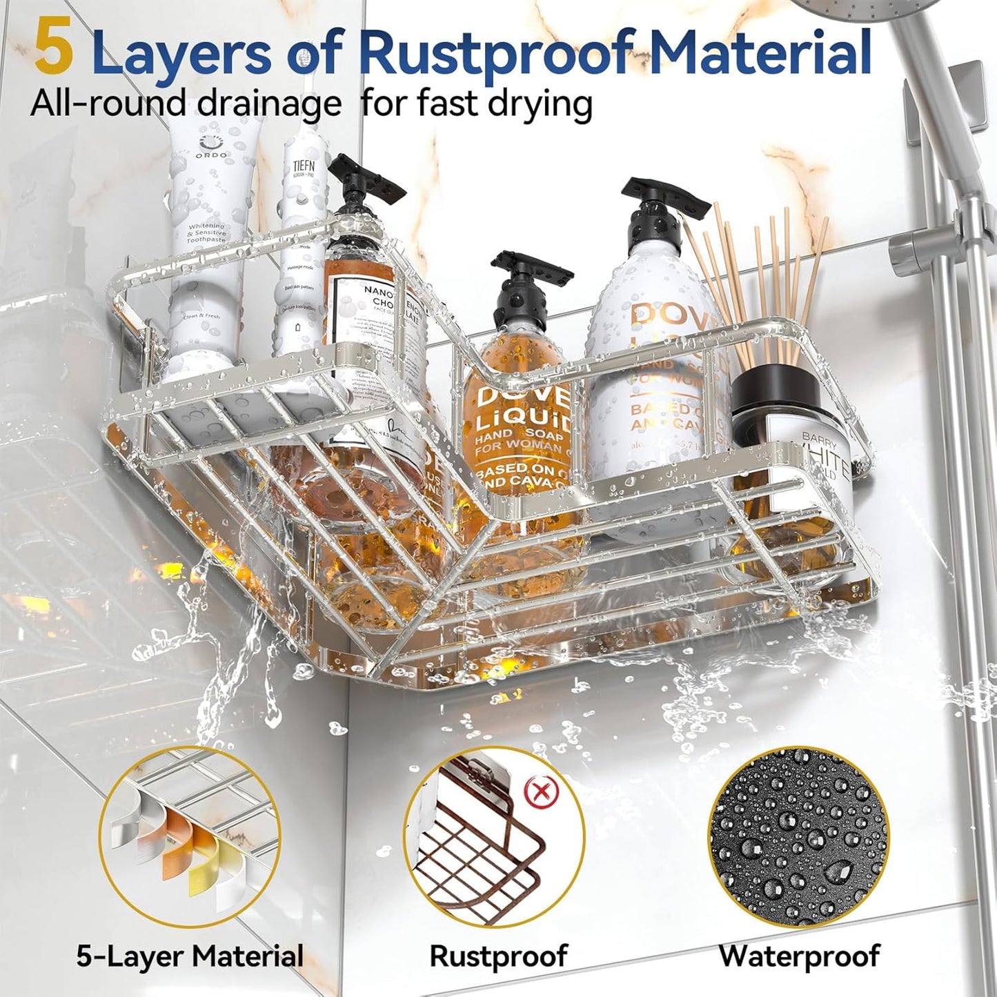 YASONIC Corner Shower Caddy Organizer, 3-Pack Self-Adhesive Rustproof Bath Shelves with Soap Holder & 4 Hooks, Large Capacity Shower Storage Rack for Bathroom Organization, Silver