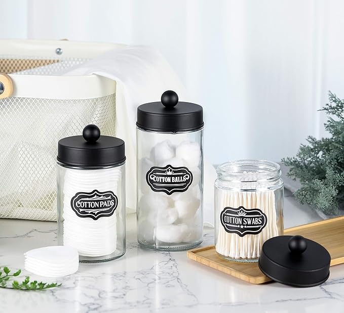 Apothecary Jars 3 Pack - Glass Bathroom Containers with Stainless Steel Lids - Rustic Farmhouse Decor Bathroom Accessories, Vanity Organizer Apothecary Jars for Qtip/Cotton Balls (Matte Black)