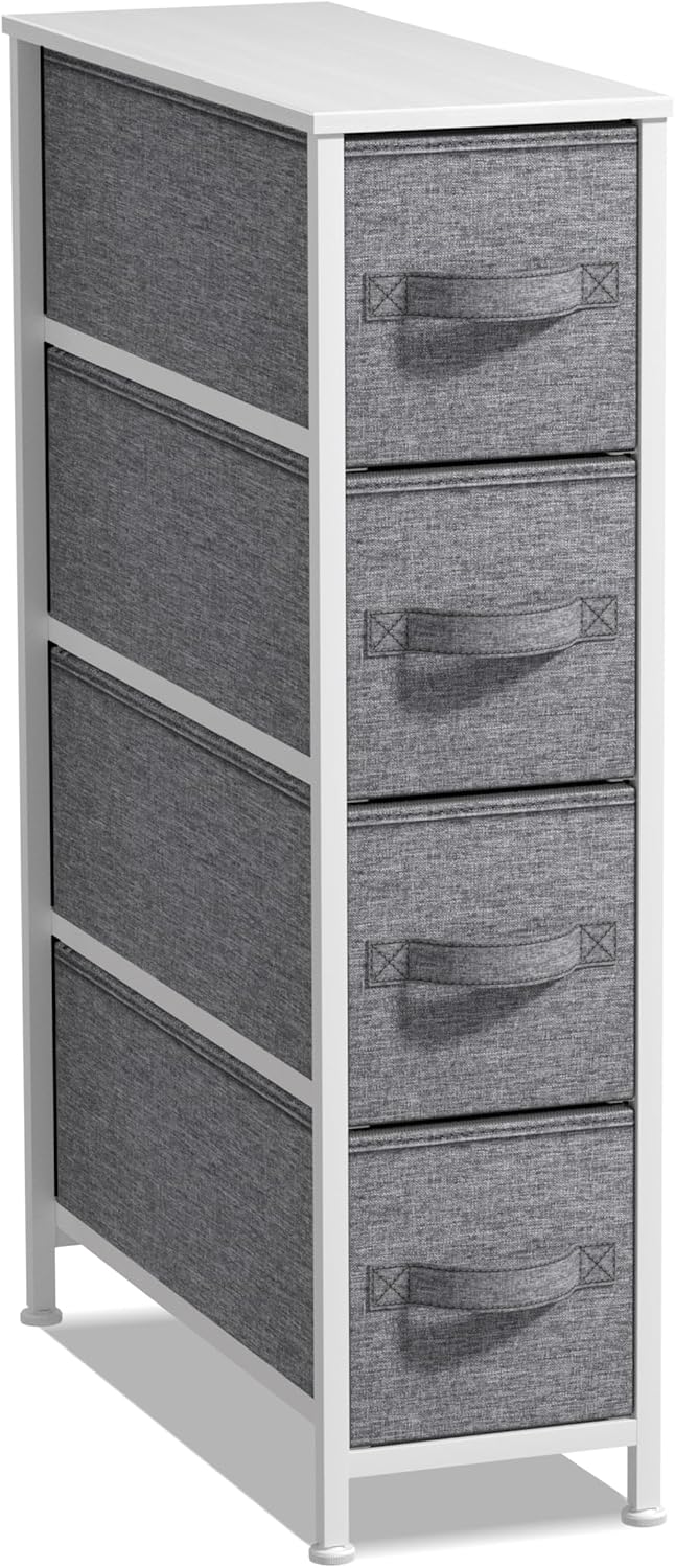Sorbus Narrow Dresser with 4 Drawers - Vertical Slim Storage Chest of Drawers with Steel Frame, Wood Top & Easy Pull Fabric Bins for Small Spaces, Closets, Bedroom, Bathroom & Laundry (White/Gray)
