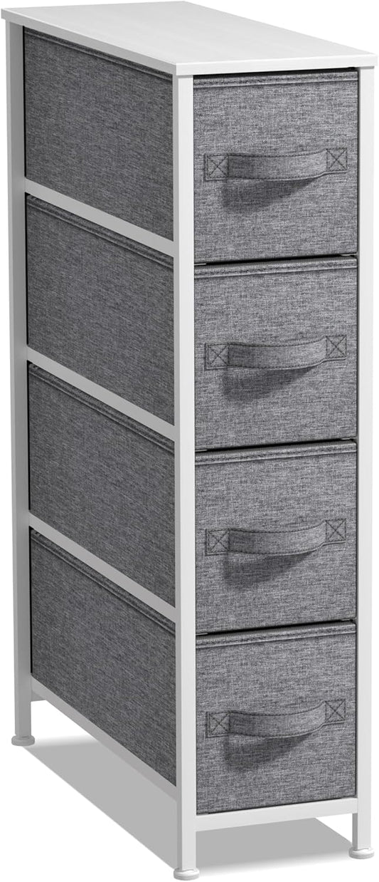 Sorbus Narrow Dresser with 4 Drawers - Vertical Slim Storage Chest of Drawers with Steel Frame, Wood Top & Easy Pull Fabric Bins for Small Spaces, Closets, Bedroom, Bathroom & Laundry (White/Gray)