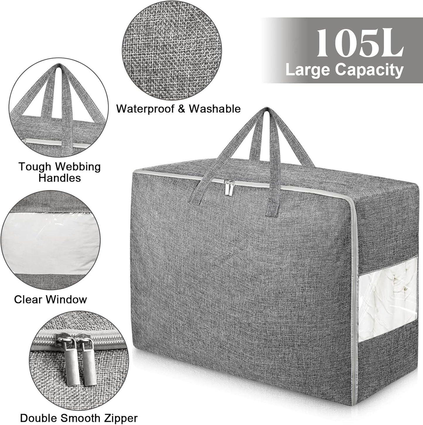 105L Extra Large Storage Bags, Folding Moving Comforter Blanket Storage Bags Closet Organizers and Storage Containers for Clothes with Strong Handles&Zippers Clear Window for Bedding Pillow, Grey