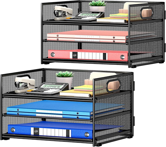 Subekyu 2-Pack 3-Tier Paper Letter Tray Organizer for Desk, Black Metal Mesh File Sorter Organizer with Handle and 1 PC Sliding Tray for Home Office School Desk Supplies Organization Storage