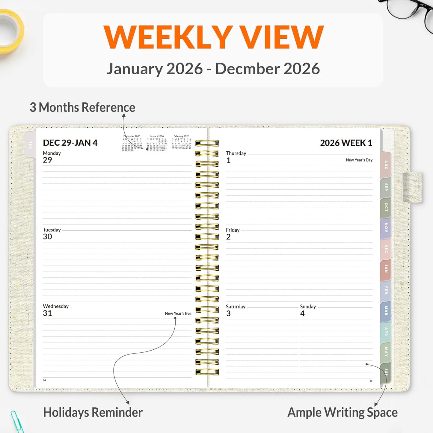 SUNEE 2026 Weekly & Monthly Planner 6.4"x8.5"- 12 Month (January 2026 - December 2026), Vegan Leather Cover, Pocket, Bookmark, Notes, Monthly Tab, Beige