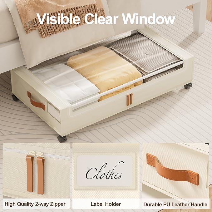 LAMU 2 Pack Under Bed Storage with Wheels, 60L Large Lapacity UnderBed Storage Containers with Clear Lid and Handles, Under the Bed Storage Bins Drawers for Clothes, Blankets, Shoes, Books, Beige