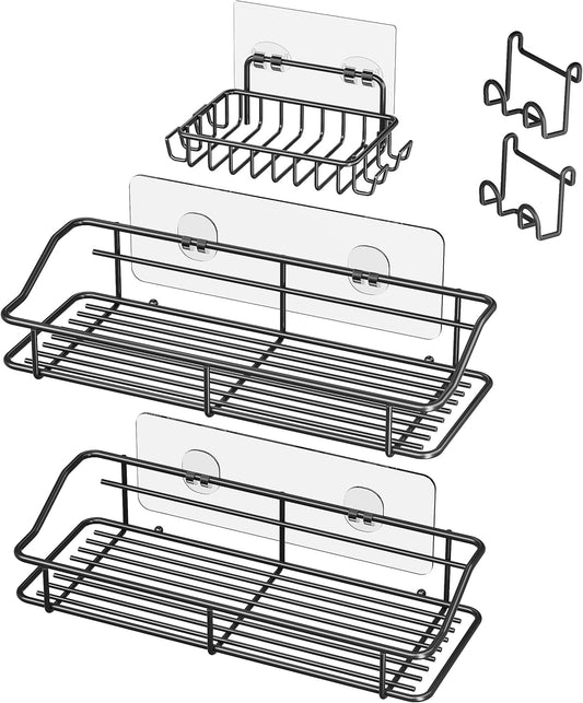 Nieifi Shower Caddy Shelf with Hooks Storage Rack Organizer Adhesive Stainless Steel without Drilling for Bathroom, Lavatory, Washroom, Restroom, Shower, Toilet, Kitchen (Black, 3 Pack)
