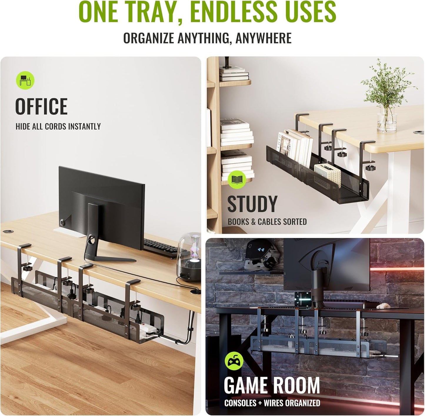 [Upgraded] 2 Pack Cable Management Under Desk Tray, Xpatee 27.6" No Drill Open Slots Cable Management Tray, Cord Wire Organizer Box with Clamp for Table Thickness up to 3" - No Desk Damage(Black)