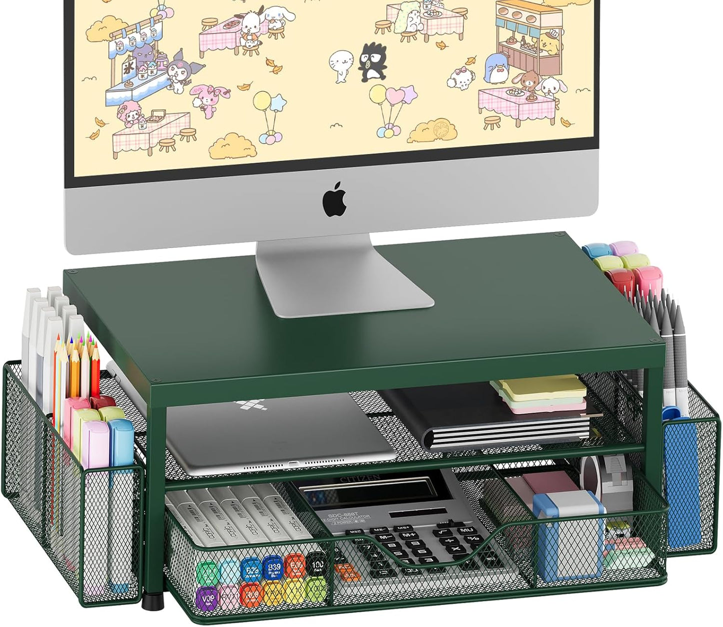 Desk Organizers and Accessories, 2-Tier Computer Monitor Stand Riser with Drawer and 2 Pen Holders, Laptop Stand, Office Desk Accessories for Office Supplies, Dark Green