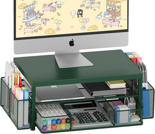 Desk Organizers and Accessories, 2-Tier Computer Monitor Stand Riser with Drawer and 2 Pen Holders, Laptop Stand, Office Desk Accessories for Office Supplies, Dark Green