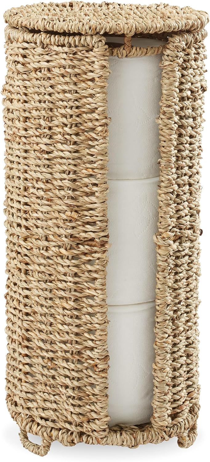 Casafield Free Standing Toilet Paper Storage Roll Holder with Lid - Natural, Fits 3 Rolls, Seagrass Bath Tissue Organizer for Bathroom