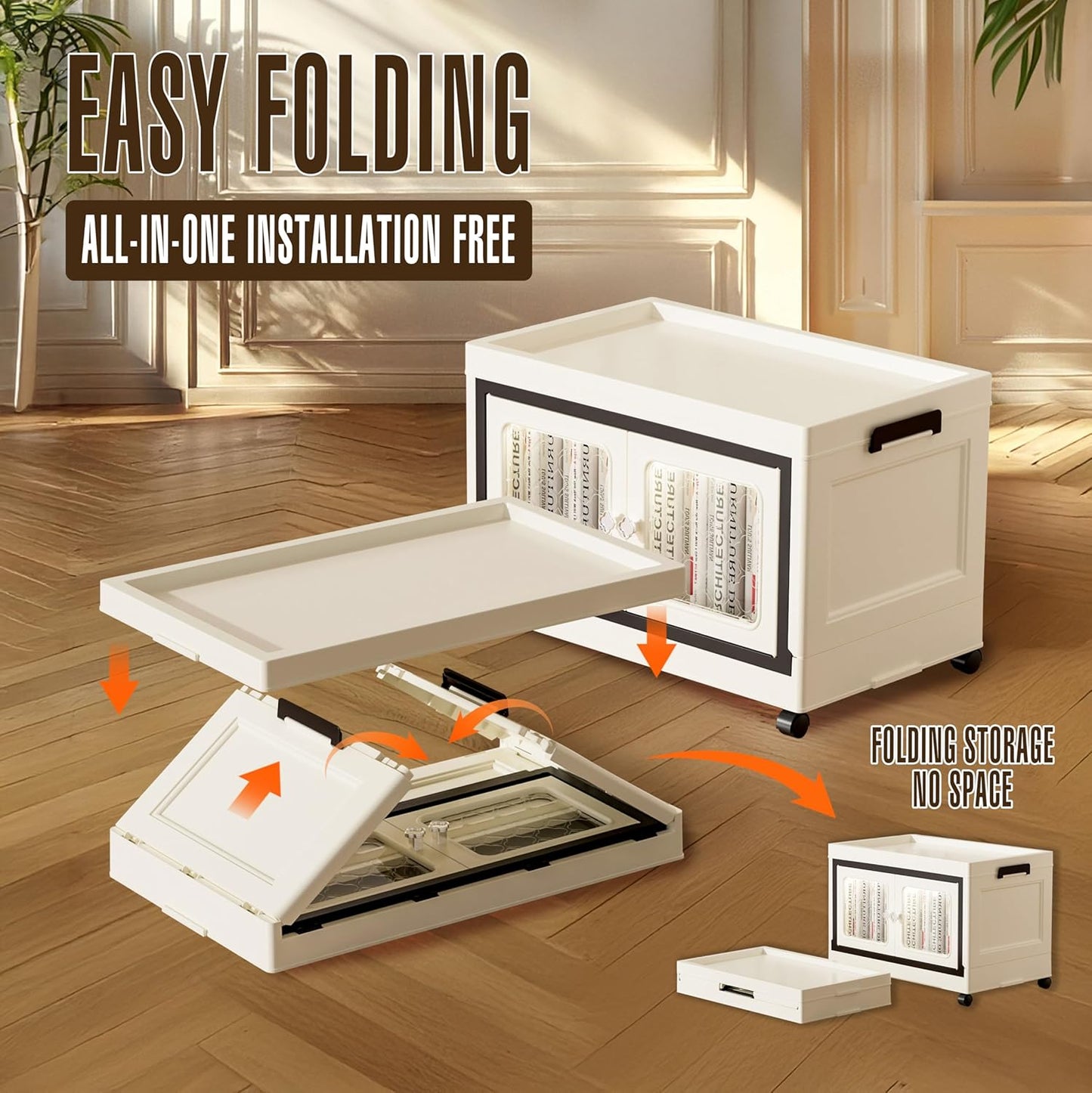 Plastic Stackable Storage Bins with Lid, Closet Organizers Collapsible Cabinets Boxes, Foldable Storage Containers with 4X Wheels for Home Kitchen and Office