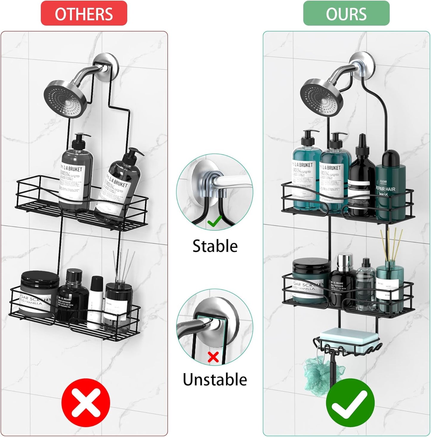 Shower Caddy Hanging - 3 Soap Holders, Rustproof Shower Head Organizer Stainless Steel, Bathroom Organizers and Storage With Hooks & Razor Holder, Black