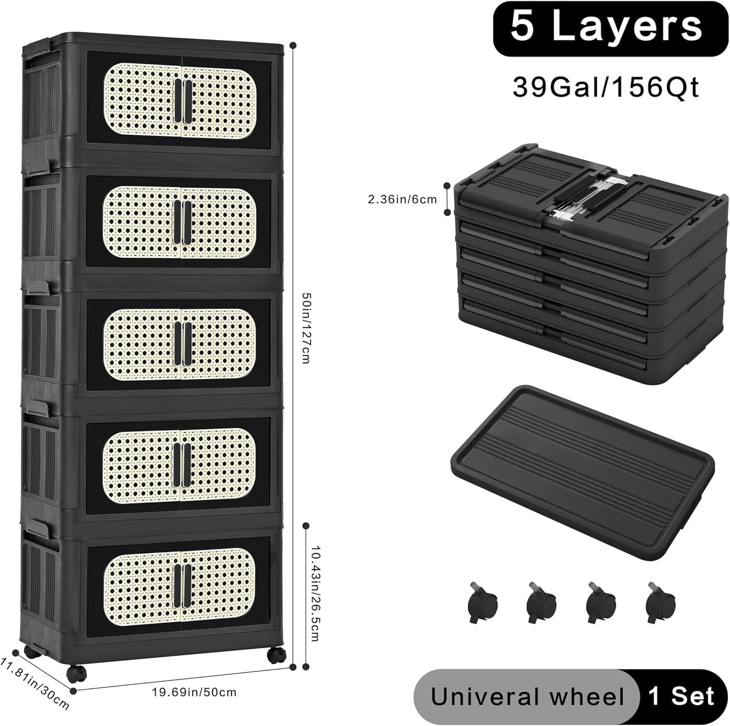 Holaki 195 QT Storage Bins with Lid, 5 Tiers Collapsible Plastic Storage Bins Storage Cabinet Box with Wheels and Magnetic Door for Home Closet Organizers(Retro Black)