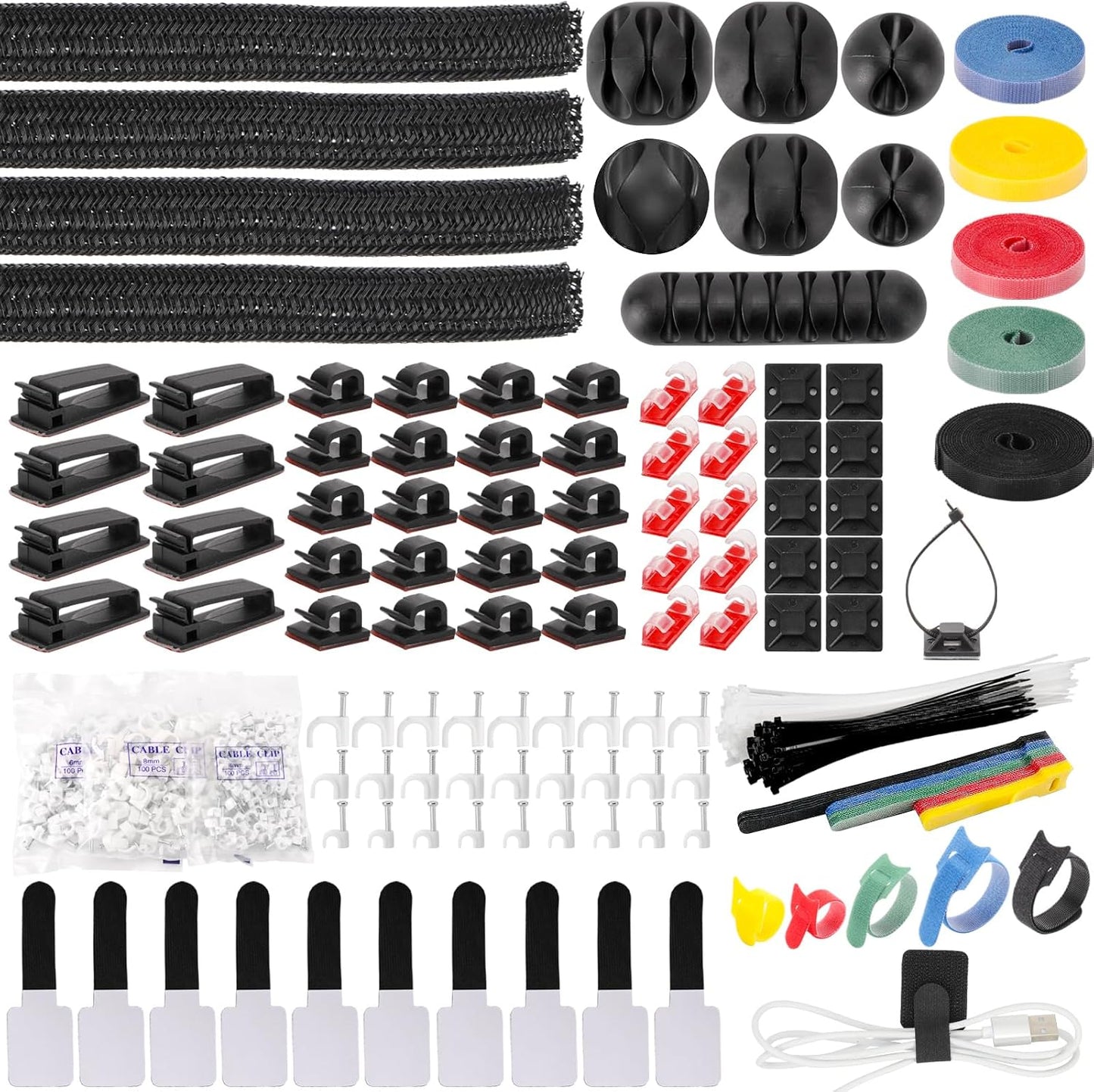 604 Pcs Cable Management Kit, 4 Cord Organizer Sleeve, 7 Cable Holder, 38 Adhesive Cord Clips, 40 Pcs+5 Roll Cable Organizer Straps 200 Cable Ties 300 Cable Wire Clips for PC TV Under Desk